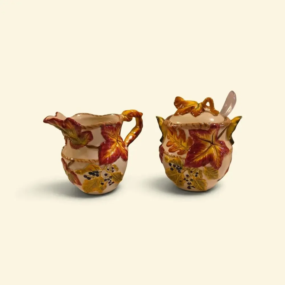 Bico China Creamer Sugar w Lid and Spoon Fall Leaf Motif